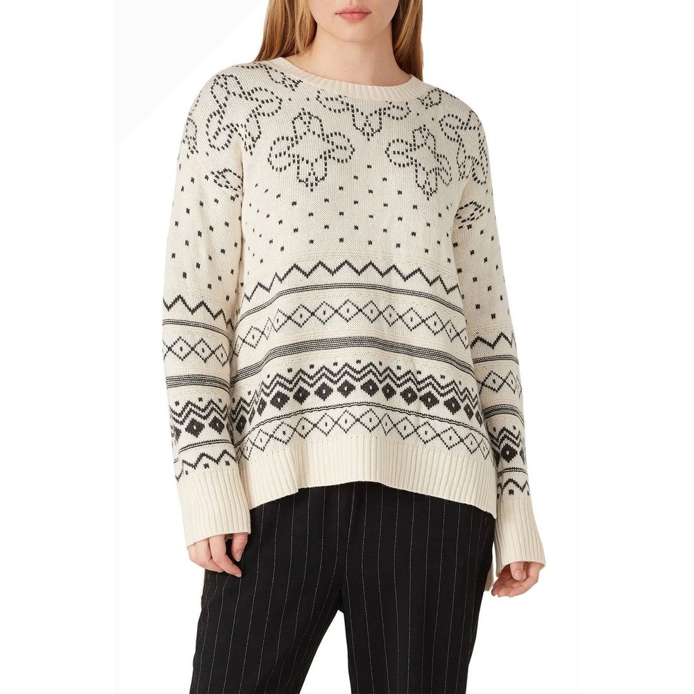 Thakoon‎ Intarsia Fair Isle Sweater Women XS Cream Black Merino Wool Nordic Knit